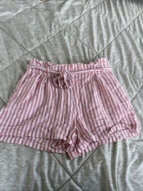 High-Waist Pink & White Striped Paperbag Shorts with Tie Waist